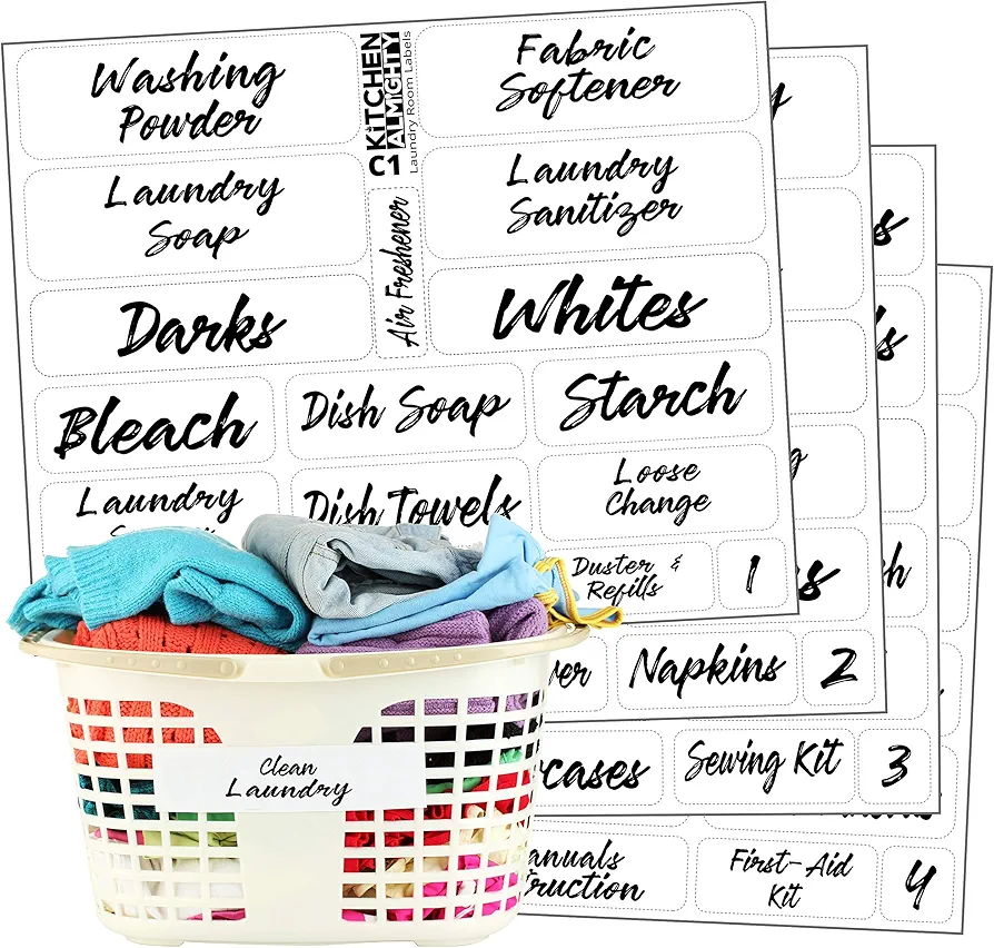 Laundry Room Organization Clear Labels: 85 Classy Gloss Preprinted Water Resistant Label Set to Organize Laundry w/Extra Write-on Stickers