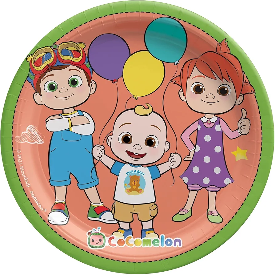 Amscan Round Plates, 7" (8-Pack) - Vibrant Premium Quality Party Plates, Perfect for Parties & Events, Cocomelon