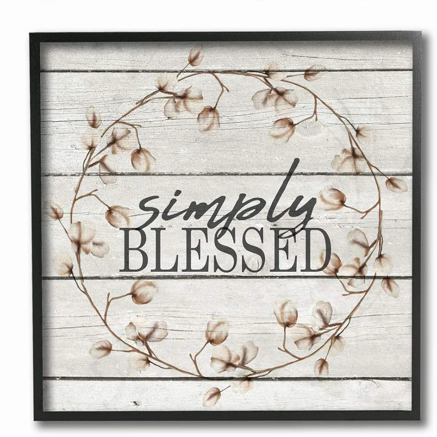 Stupell Industries Simply Blessed Flower Farm Rustic Wood Textured Word Design Black Framed Wall Art, 12 x 12, Multi-Color