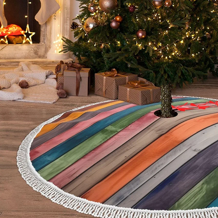 Christmas Tree Skirt with Tassel Colorful Wooden Board 48" Xmas Tree Skirts Tassel Tree Mat Ornament for Home Indoor Outdoor Room Holiday Decoration