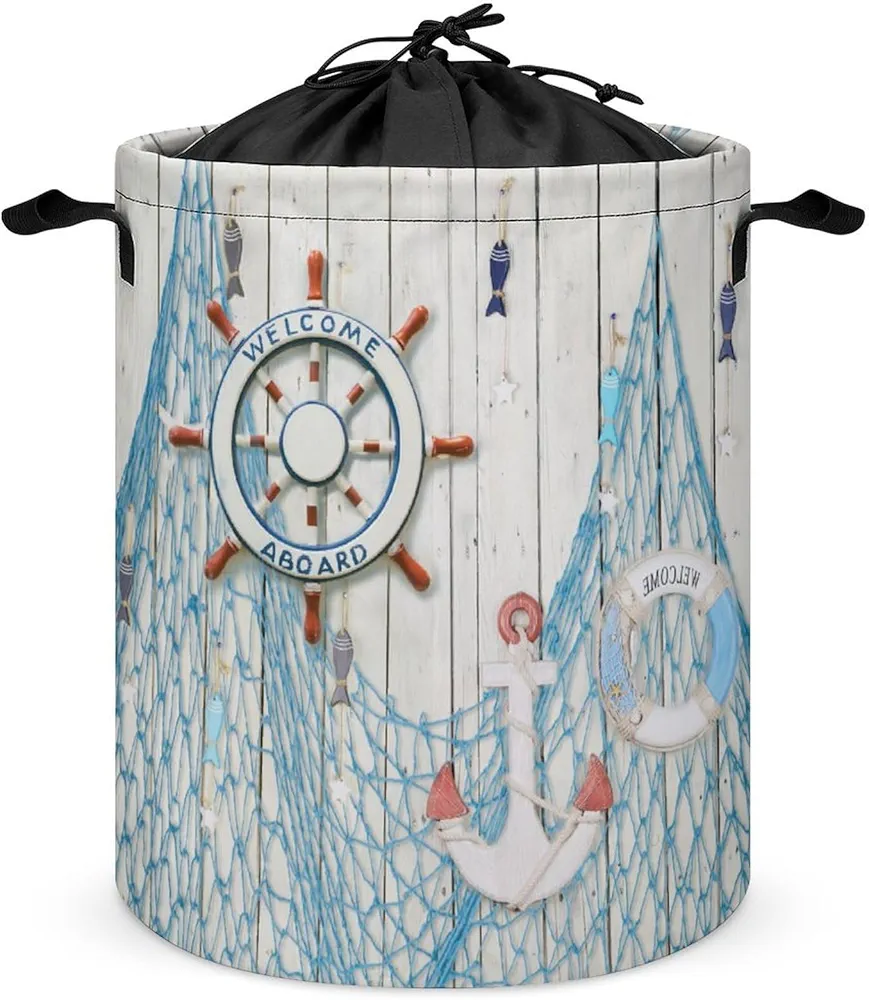 Modern Abstract Nautical Theme Laundry Basket 45L,Modern Ocean Fisherman Cabin Wooden Boards Rudder Anchor Fishing Net Dirty Clothes Basket For Laundry Room Balcony-13.8"W x 17.3"H