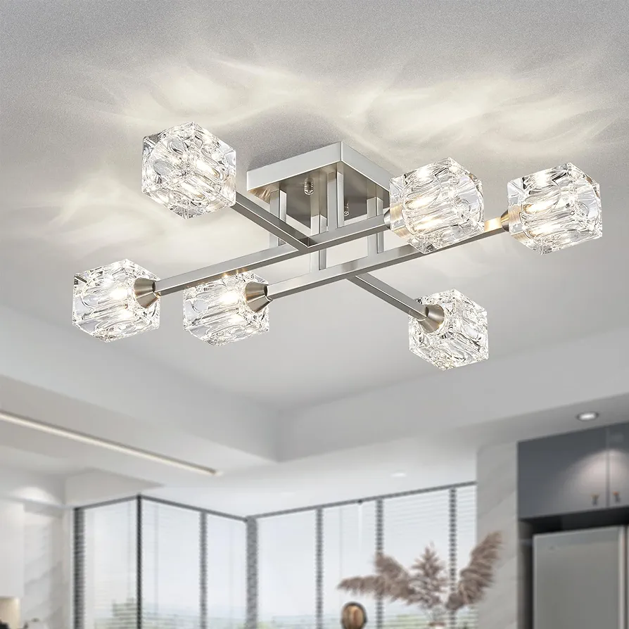 XINGQI Brushed Nickel Ceiling Light Fixture 6-Light Modern Sputnik Chandelier Semi Flush Mount Ceiling Lights for Bedroom Dining Room Living Room Entryway