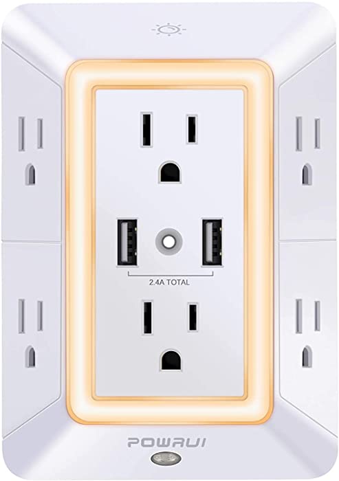 USB Wall Charger, Surge Protector, POWRUI 6-Outlet Extender with 2 USB Charging Ports (2.4A Total) and Night Light, 3-Sided Power Strip with Adapter Spaced Outlets - White，ETL Listed