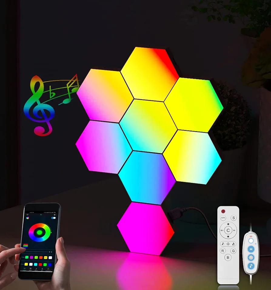 Music Sync DIY hexagon lights - 8 Pack Smart APP and Remote RGB Wall Light Hexagonal Modular Gaming Light Honeycomb Shape Panels LED Lights for Bedroom Children Room Decor