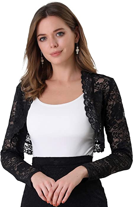 Allegra K Women's Elegant Crop Cardigan Sheer Floral Lace Bolero Shrug Top