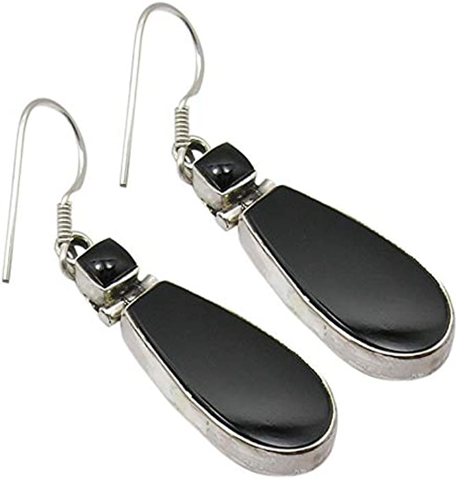 SilverStarJewel 925 Solid Sterling Silver Black Onyx Flat Earrings 1.9" Fashion Jewelery