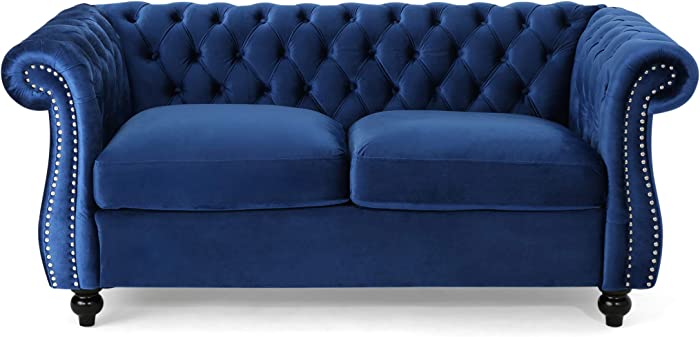 Christopher Knight Home Karen Traditional Chesterfield Loveseat Sofa, Navy Blue and Dark Brown, 61.75 x 33.75 x 27.75, 306027