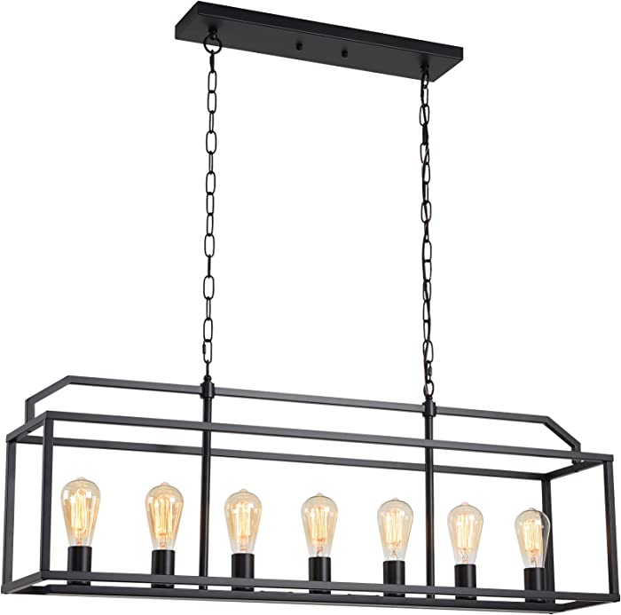 Black Kitchen Island Lighting, Farmhouse Dining Room Linear Chandelier for Industrial Dining Room Living Room Foyer Bar Cage Rectangular Light Fixtures (45" 7-Lights)