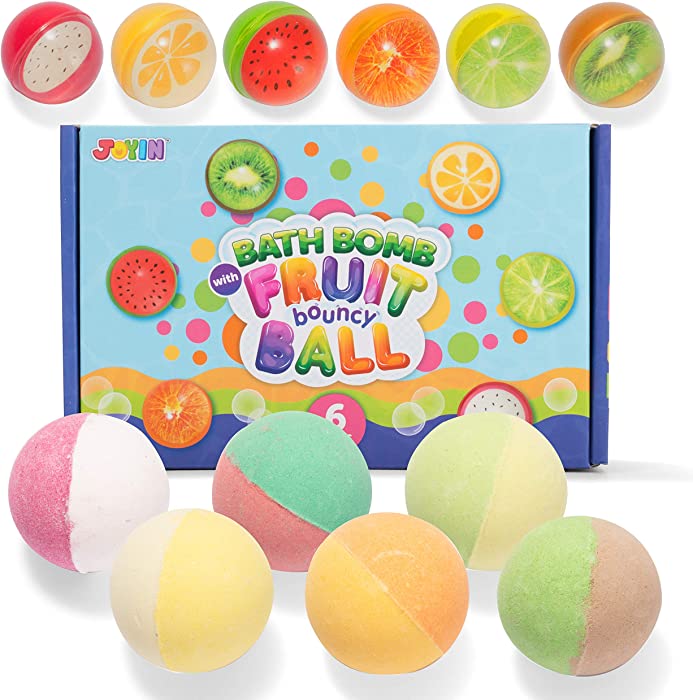 JOYIN Bath Bombs for Kids with Fruit Bouncy Balls, 6 Pack Bubble Bath Bombs with Surprise Inside, Natural Essential Oil SPA Bath Fizzies Set, Birthday Gift for Boys and Girls Easter Basket Stuffers