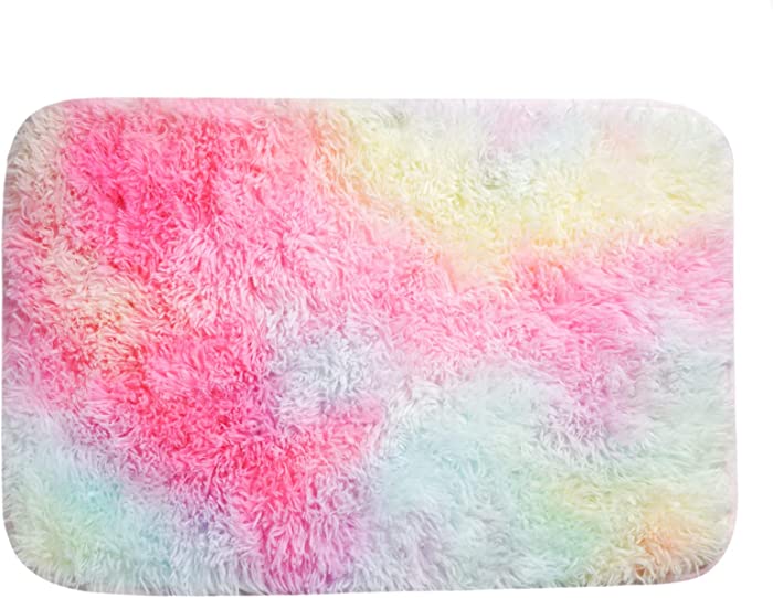 ConCus-T Rainbow Bath Mat Unicorn Shaggy Bathroom Rug Tie Dye Design Girls Gift Chic Faux Fur Plush Rug for Tub Kitchen Bedroom Living Room Fluffy Doormat Soft Puppy Dog Cat Bed Mat 24 Inch x16 Inch