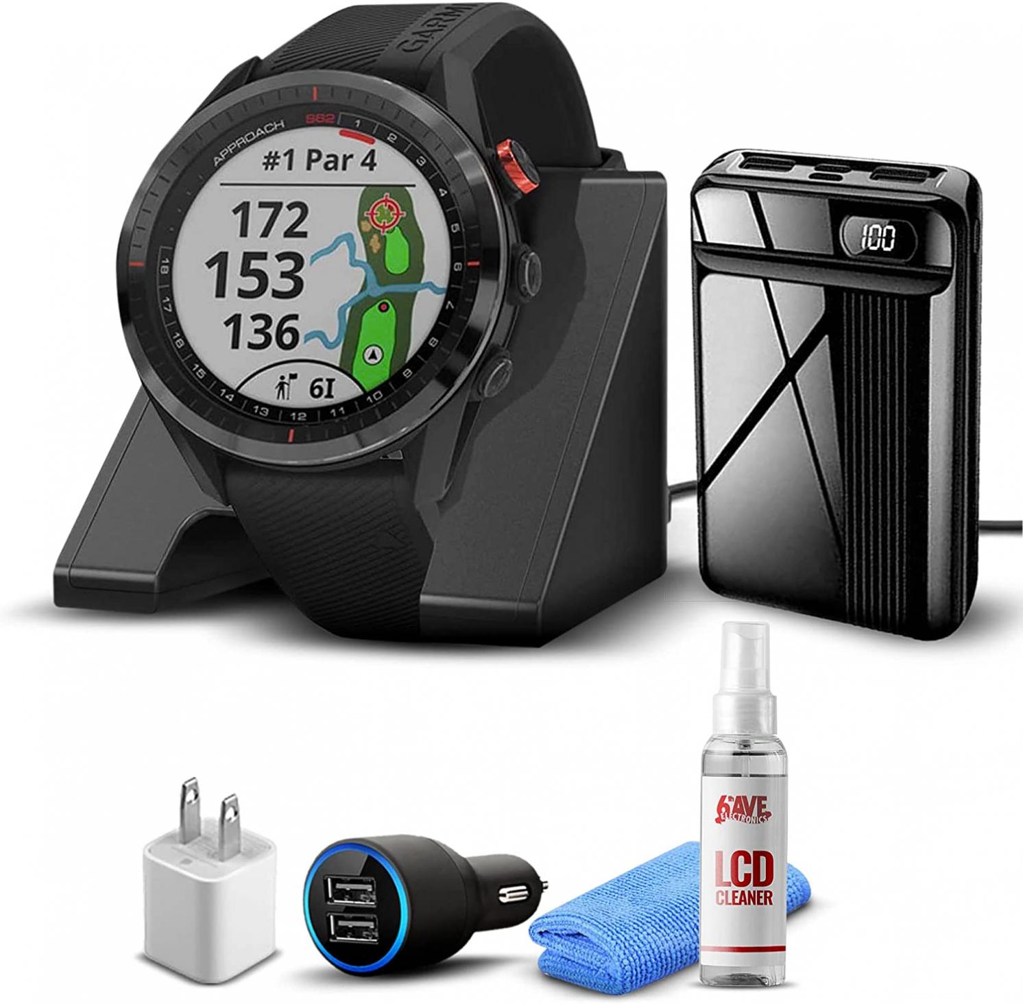 Garmin Approach S62 GPS Golf Watch (Black Bezel/Black Band) + Charging Base + USB Wall Cube + USB Car Adapter + 6TH AVE Cleaning Kit w/Virtual Caddie Mapping (Bundle) (010-02200-00)