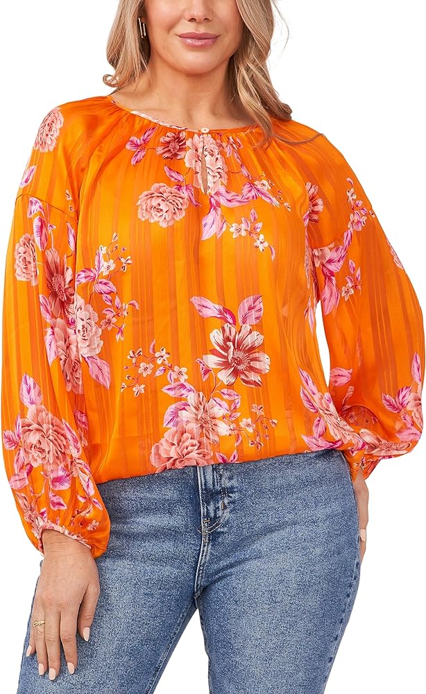 Vince Camuto Plus Size Rio Gardens Floral Stripe Keyhole Blouse Top