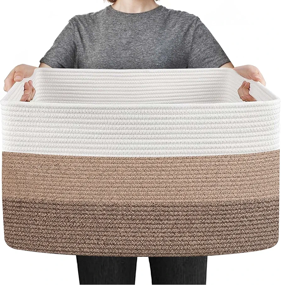 Extra Large Blanket Storage Basket, 23.6" x 15.7" x 14.1" Rectangle Woven Cotton Rope Basket, Blanket Basket Holder for Living Room, Wicker Storage Basket for Pillows, Blankets Organizer Bins