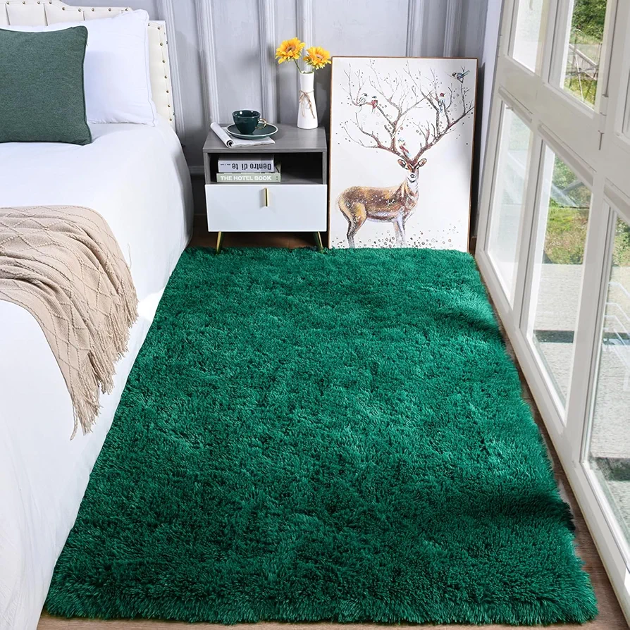 Fluffy Area Rugs for Bedroom Deep-Green, 4'x6' Rug, Shag Rugs for Living Room, Furry Carpet for Kids Girl Room, Shaggy Indoor Throw Rug for Nursery Room, Fuzzy Plush Rug for Dorm