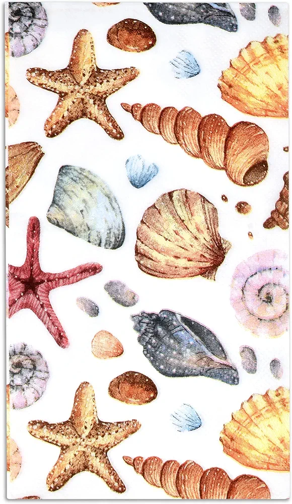 100 Pack Sea Shells Guest Napkins Disposable Paper Beach Dinner Hand Napkin Coastal Nautical for Seashells Bathroom Powder Room Wedding Birthday Party