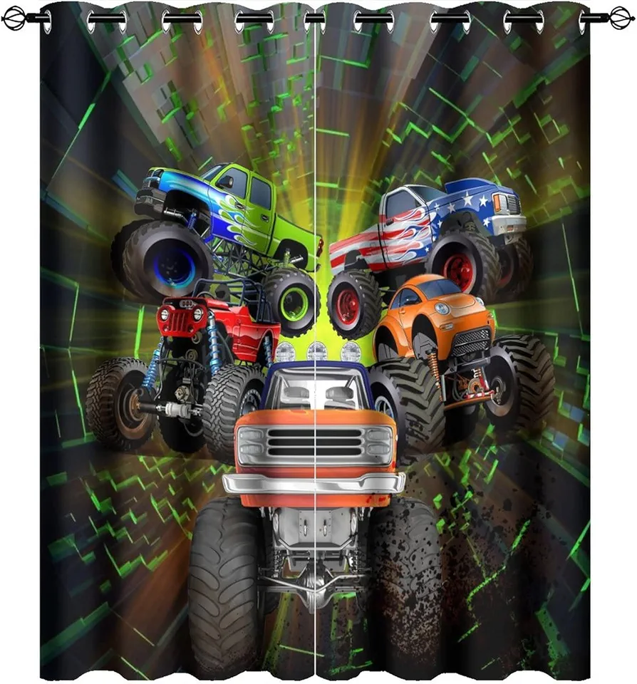 Cool Cartoon Monster Truck Blackout Curtains for Bedroom,Kids Boys Shabby Monster Trucks Print Grommet Thermal Insulated Room Darkening Curtains Window Drapes 2 Panels 45L x 21W