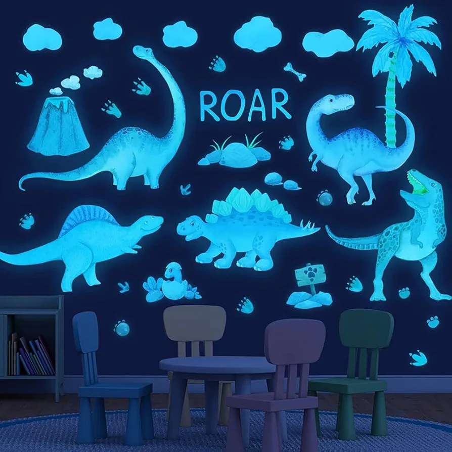 Glow in The Dark Dinosaur Wall Decals Dinosaur Wall Stickers Watercolor Dinosaur Room Decor for Boys Bedroom Kids Room Baby Nursery Playroom Living Room Wall Decor