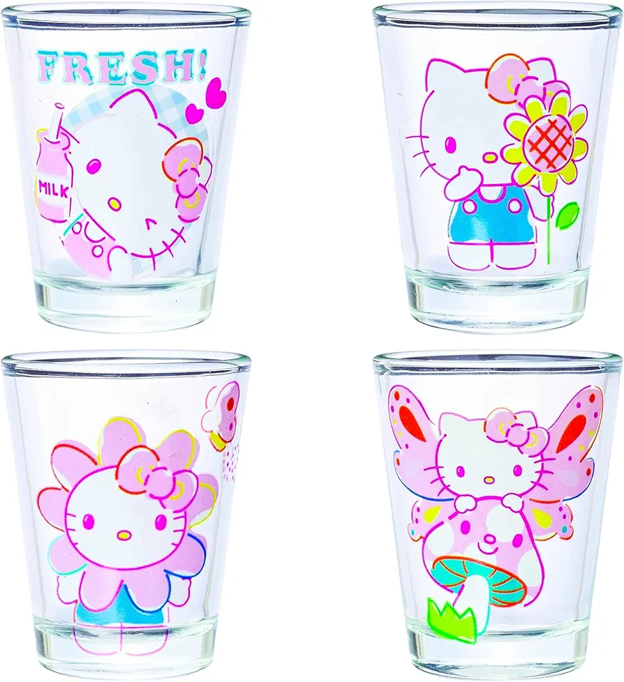 Silver Buffalo Sanrio Hello Kitty Spring Garden Flowers 4 Pack Mini Glass Set, 1.5 Ounces