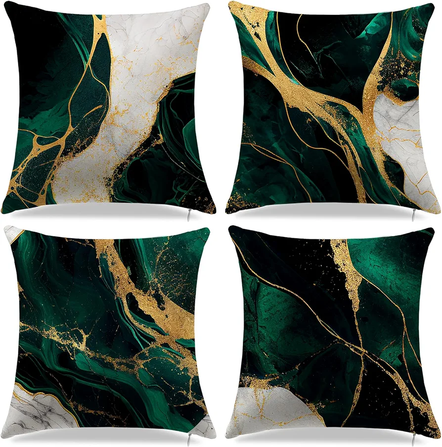 Emerald Green Throw Pillows Covers Set of 4, Decorative Pillow Covers 18x18, Emerald Green Living Room Decor, Green and Gold Couch Pillows for Room Decor Bedroom Sofa Chair