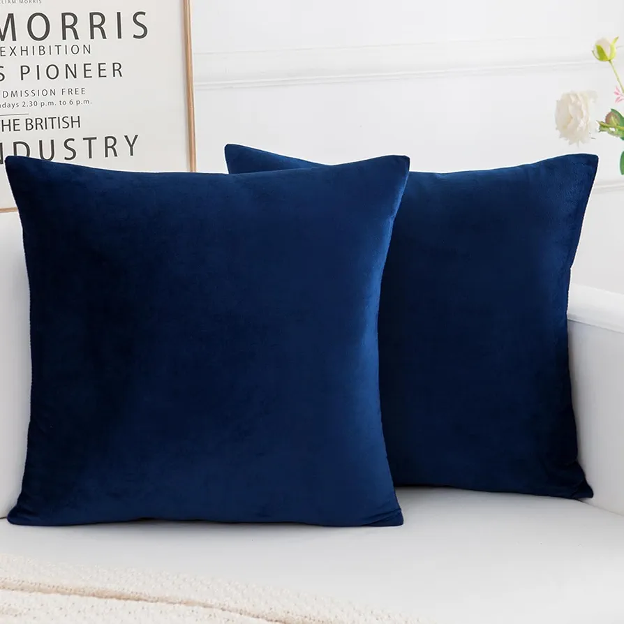 Velvet Decorative Throw Pillow Covers, Soft Square Cushion Case Home Decor for Living Room Couch Bed Sofa, Set of 2 Pack, Navy Blue, 18x18 Inch