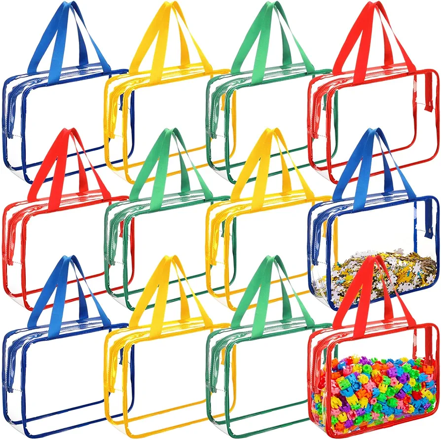 12 Pieces Large Toy Storage Bags with Zipper Clear PVC Organizing Bags Waterproof Zippered Toy Storage Organizer for Building Blocks Puzzle Stationery Kids Books Classroom(Fresh Colors)