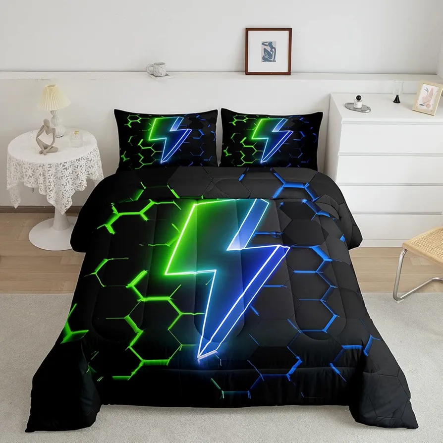 Kids Game Flash Comforter Set Twin Size,Geometric Honeycomb Blue Green Gradient Bedding Set,Boys Girls Adults Gamer Room Decor,Lightning Hexagonal Down Comforter,Neon ​Duvet Insert,1 Pillowcase