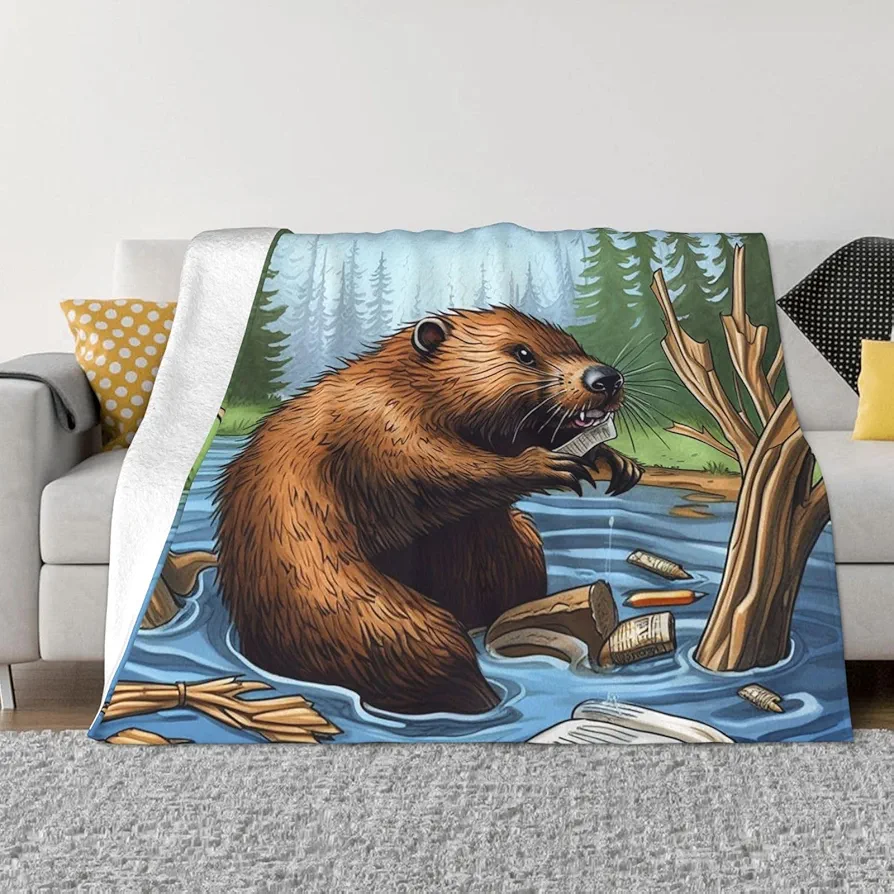 Busy Beaver Cartoon Print Flannel Blanket Lightweight Ultra-Soft Warm Throw Blanket 40"X30" Travel Blanket All Seasons Blanket for Bed Sofa Office Living Room Camping Gifts