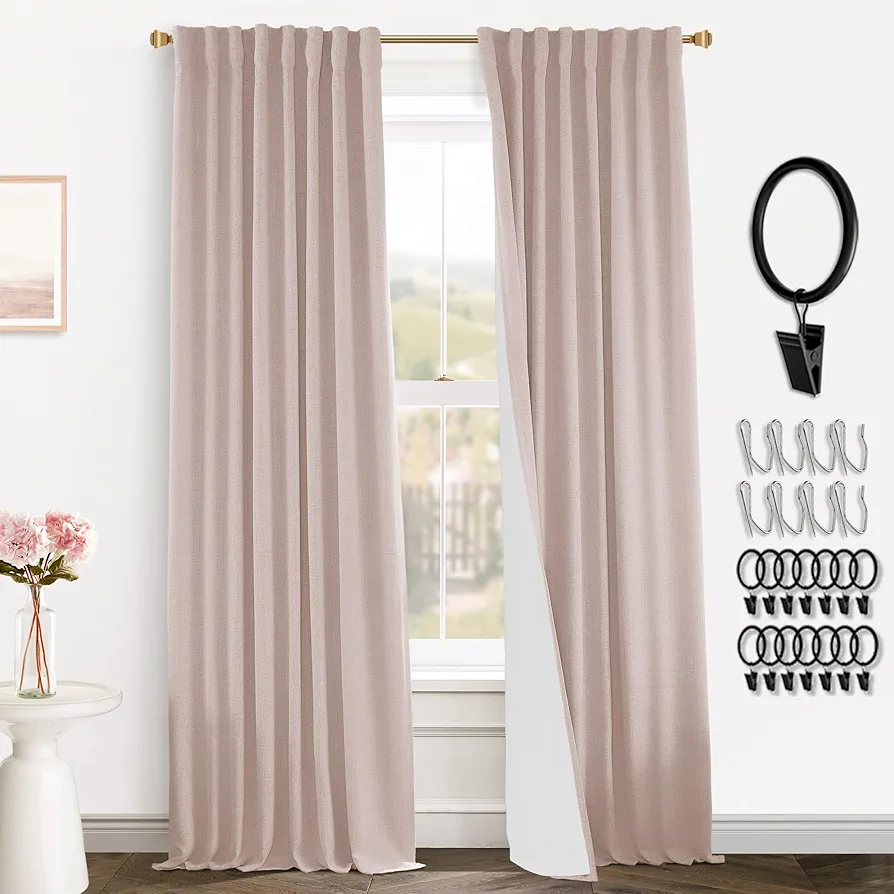 PANELSBURG Light Dusty Pink Curtains for Living Room,Linen Textured Neutral Boho Blackout Thermal Insulated Room Darkening Black Out Curtains for Baby Room,96 Inches Long