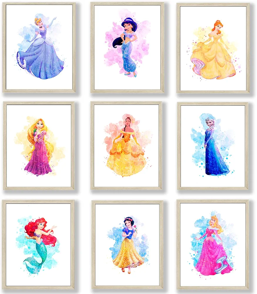 Princess Wall Art Decor Watercolor Prints Set of 9-8 x 10 Inch - Princess Bedroom Decor, Princess Room Decor, Princess Wall Decor For Girls Bedroom