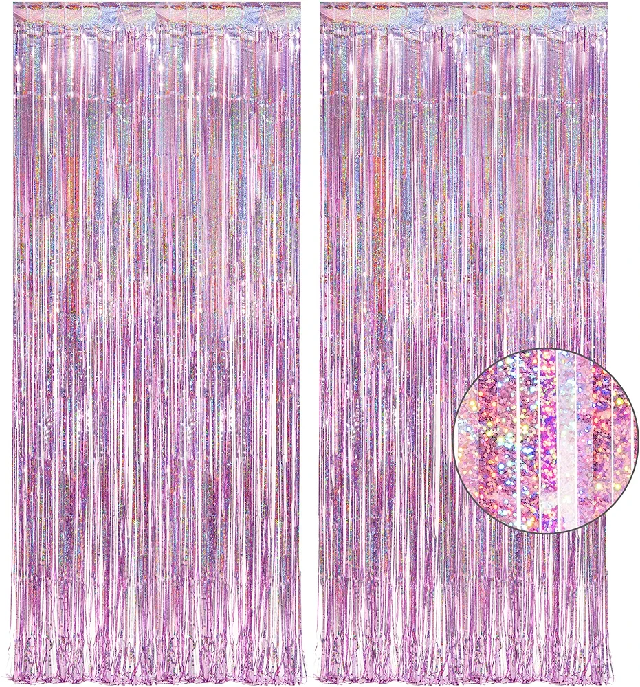 Pink Tinsel Curtain Party Backdrop - GREATRIL Foil Fringe Curtain Lilac Pink Party Streamers for Princess Bachelorette Euphoria Theme Party Decorations - 2 Packs