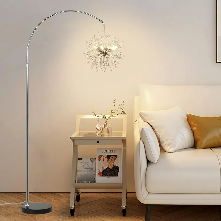 Crystal Arc Floor Lamps for Living Room, Modern Floor Lamp with Marble Base, Adjustable Height Standing Lamp, Mid Century Tall Lamp for Girls Room, Over Couch Arched Reading Light for Bedroom, Office