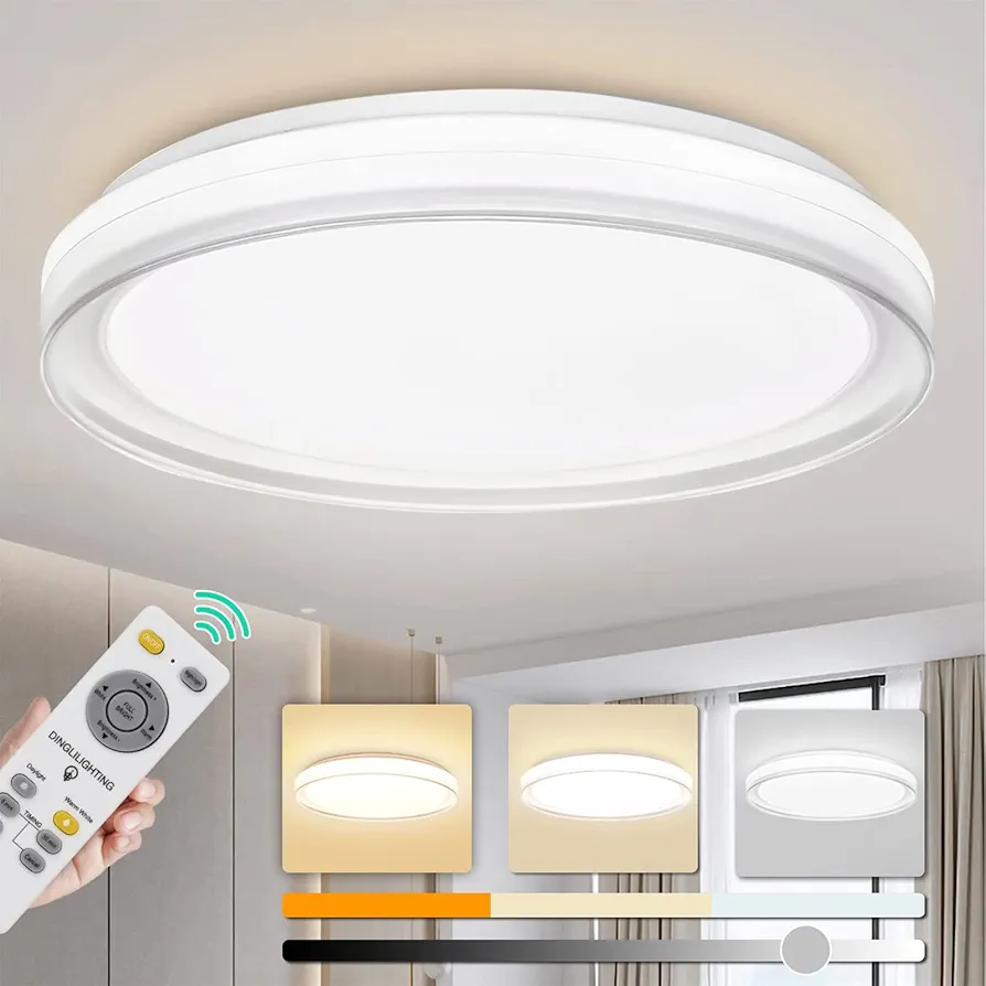 DLLT 48W Modern Dimmable Led Flush Mount Ceiling Light with Remote, 18.9 Inch Round Close to Ceiling Lights Fixture for Bedroom/Living Room/Dining Room Lighting, Timing, 3 Light Color Changeable