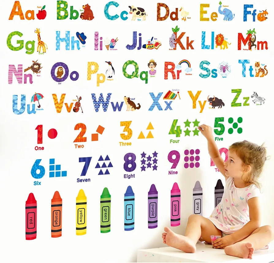 DECOWALL DS-8044 Animal Alphabet Numbers Colour Decals Stickers Kids Peel and Stick Removable for Room décor Letters ABC Classroom playroom Decorations Educational Bedroom Nursery