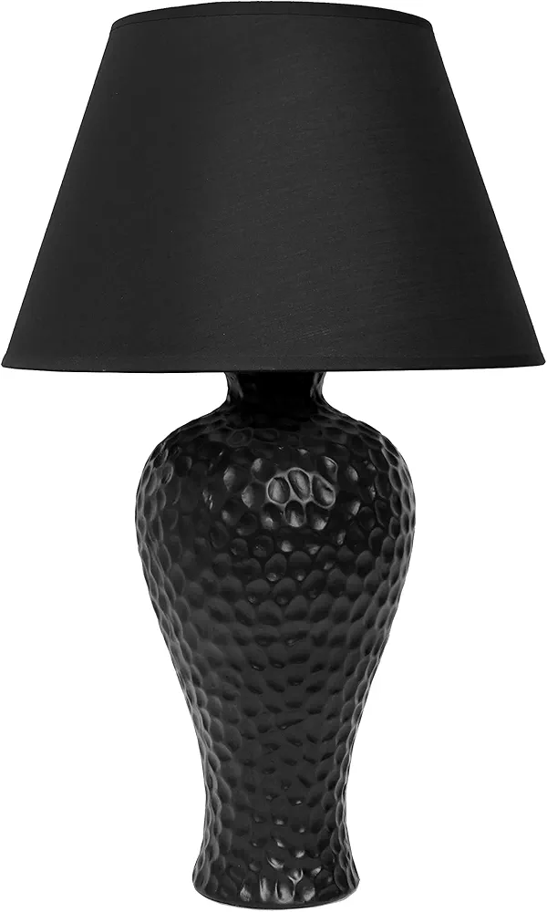 Simple Designs LT2004-BLK Textured Stucco Curvy Ceramic Table Desk Lamp with Matching Fabric Shade, Black 12.2 x 12.2 x 20.08