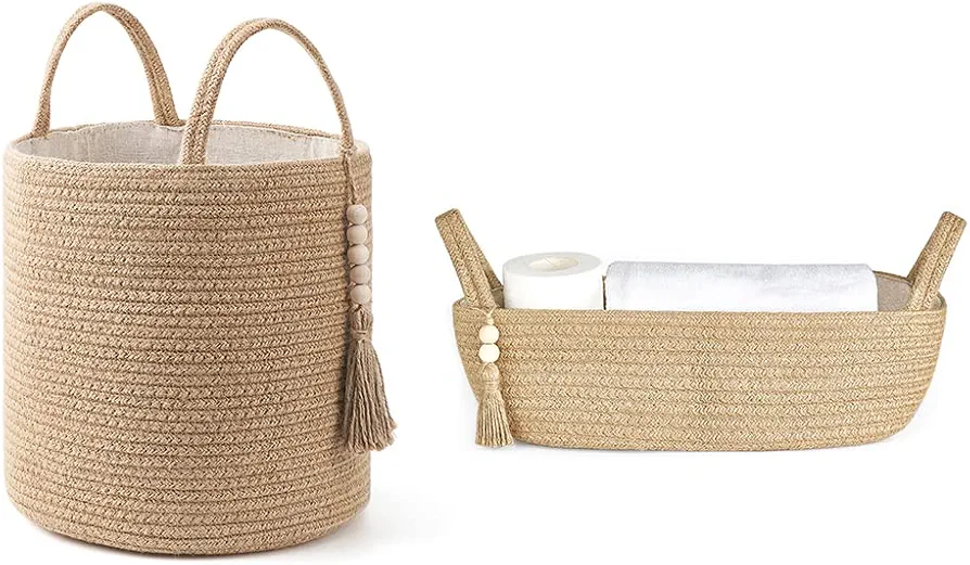 Mkono Woven Storage Basket Organizer and Decorative Jute Rope Basket Boho Decor for Bedroom, Dorm, Living Room, Bathroom, Set of 2