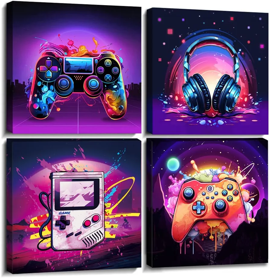 Gamer Room Decor for Boys Colorful Gaming Canvas Wall Art for Men Bedroom Graffiti Gamepad Headphone Pictures Game Prints Poster Cool Street Pop Painting Modern Artwork Home Decorations 12x12” 4Pcs