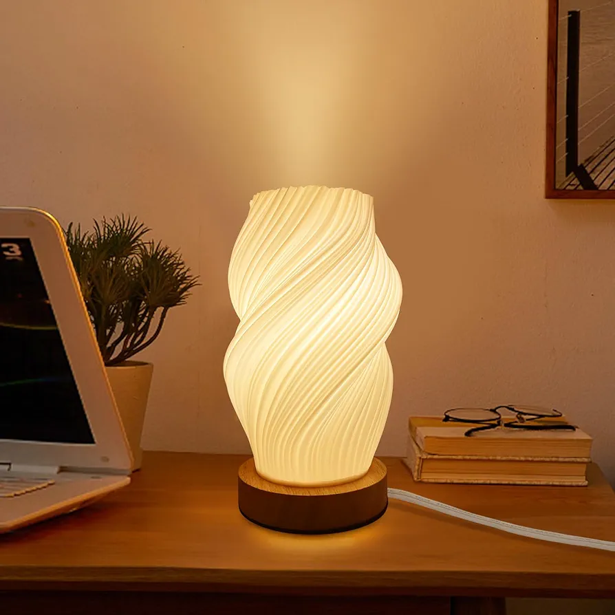 Dimmable Small Table Lamp for Living Room, 3D-printing Novelty Spiral Striped Shade Small Mini Night Light Lamp, Bedside Lamp for Bedroom Nightstand Small Space Kids Room Office Dorm