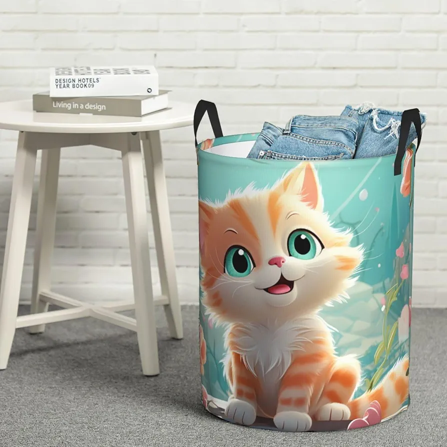 Laundry Basket Waterproof Laundry Hamper with Handles Dirty Clothes Organizer Cute Cats Print Protable Foldable Storage Bin Bag for Living Room Bedroom Playroom