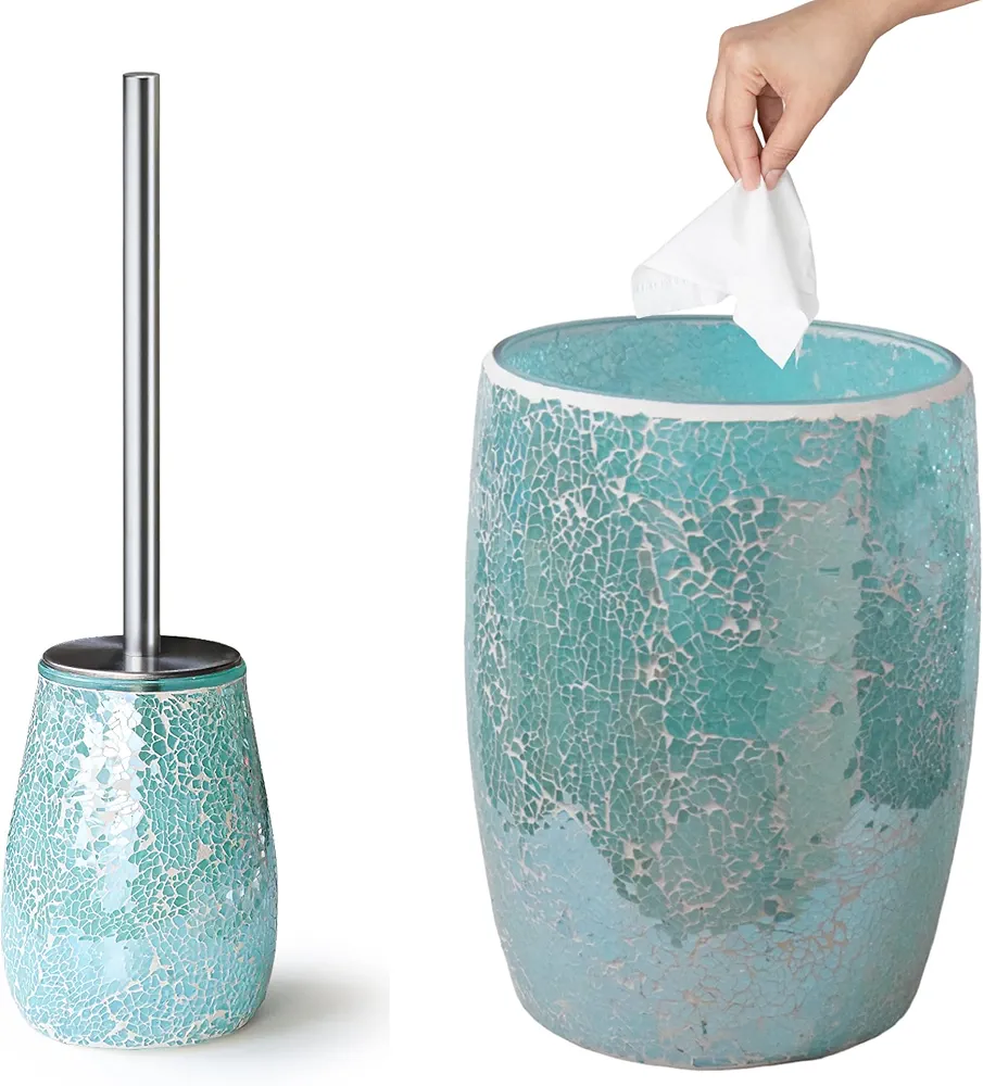 Modern Toilet Brush Holder and Small Trash Can | Luxury Mosaic Glass | Decorative Turquoise Bathroom Accessories