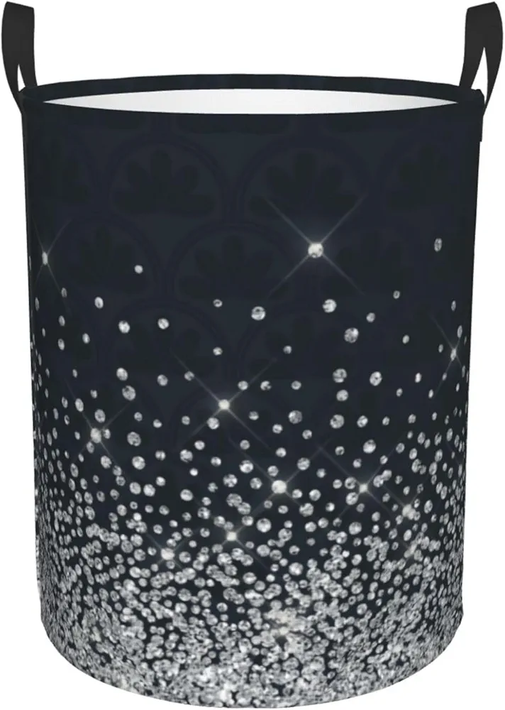 Black Silver Glitter Diamond Sparkly Laundry Basket Waterproof Collapsible Round Laundry Hamper Toys Clothes Organizer Gift Basket For Room Medium