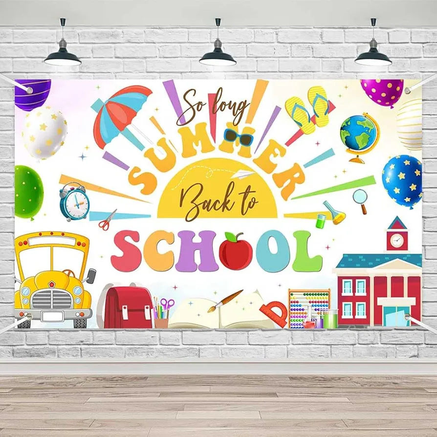 Lofaris So Long Summer Back to School Banner First Day of School Preschool Kindergarten Party Decorations Classroom Party Ceremony Supplies Background Photo Booth 70.8x43.3inch