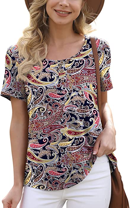 Feiersi Women's Summer Floral Tunic Tops Casual Blouse Short Sleeve Buttons Up T-Shirts