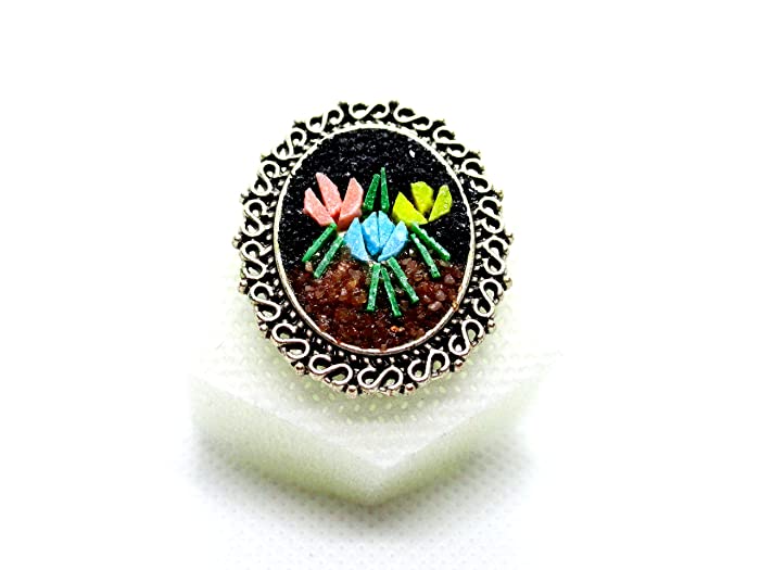 Handmade Natural Stone Mosaic Ring Relaxing Colorful Tulip Flowers Patterned Silver Colored Jewelery With An Elegant Frame