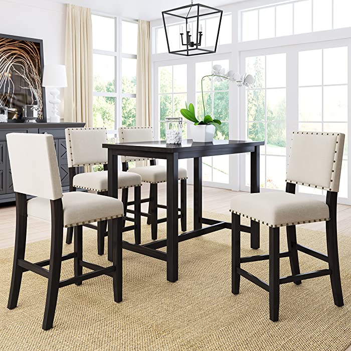 Merax 5 Piece Dining Set Kitchen Table Set Counter Height Table Set with One Rectangle Table and 4 Cushioned Chairs for 4 Persons Dining Room Table Set for Small Place