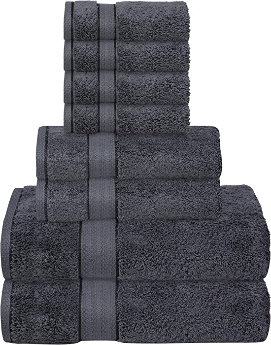 GLAMBURG 700 GSM Premium 8-Piece Towel Set - Contains 2 Bath Towels 30x54, 2 Hand Towels 16x28, 4 Wash Cloths 13x13 - Luxury Hotel & Spa Quality - Durable Ultra Soft Highly Absorbent - Charcoal Grey