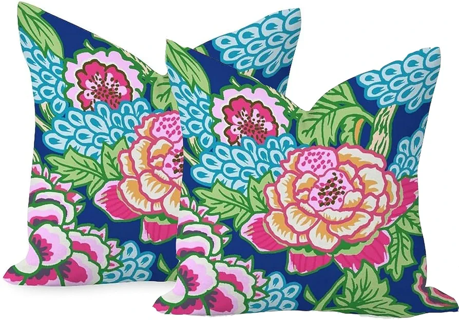 Chinoiserie Chic Asian Throw Pillow Cushion Hot Pink Royal Blue Peony Floral Sofa Pillowcase Colorful Chinoiserie Flower Accent Pillow for Sofa Living Room 20x20in White Flax Set of 2