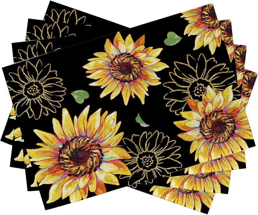 Seliem Spring Summer Sunflower Placemats Set of 4, Floral Flower Leaves Fall Autumn Black Dining Table Place Mats, Seasonal Kitchen Decor Home Decoration 12 x 18 Inch