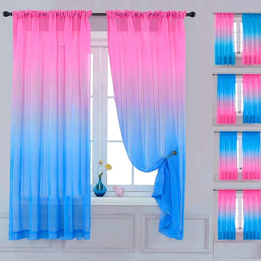 Yancorp Sheer Curtain Semi Bedroom Curtains 63 inches Length Linen Pink Blue Ombre Curtains Rod Pocket Drapes Girls Living Room Mermaid Bedroom Nursery Kids Window Decor, 1 Panel(Pink Blue, 40"x63")