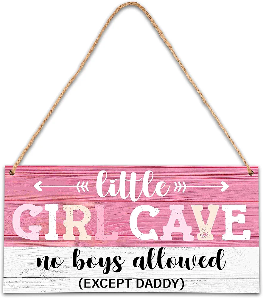 Little Girl Cave Sign, Rustic Pink Room Wall Decor Wooden Sign for Girls, Baby Room Home Bedroom Nursery Rustic Hanging Sign, Set of 1 Wooden Sign with Rope - B04