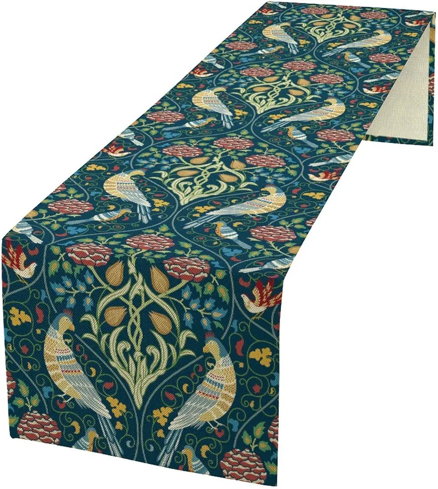 Vintage Bird Table Runner, William Morris Original Design Boho Vintage Flowers Table Runner for Kitchen Dinning Room Party Picnic Decor 13x70 Inch